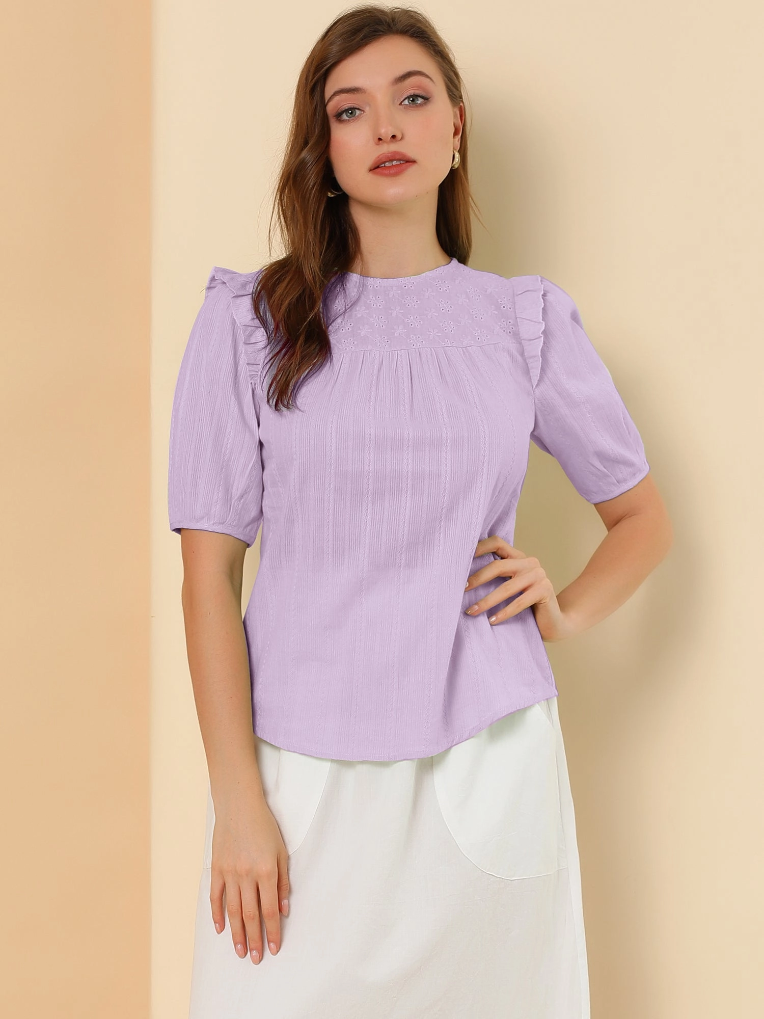 Cotton Summer Ruffle Frilled Round Neck Short Sleeve Blouse
