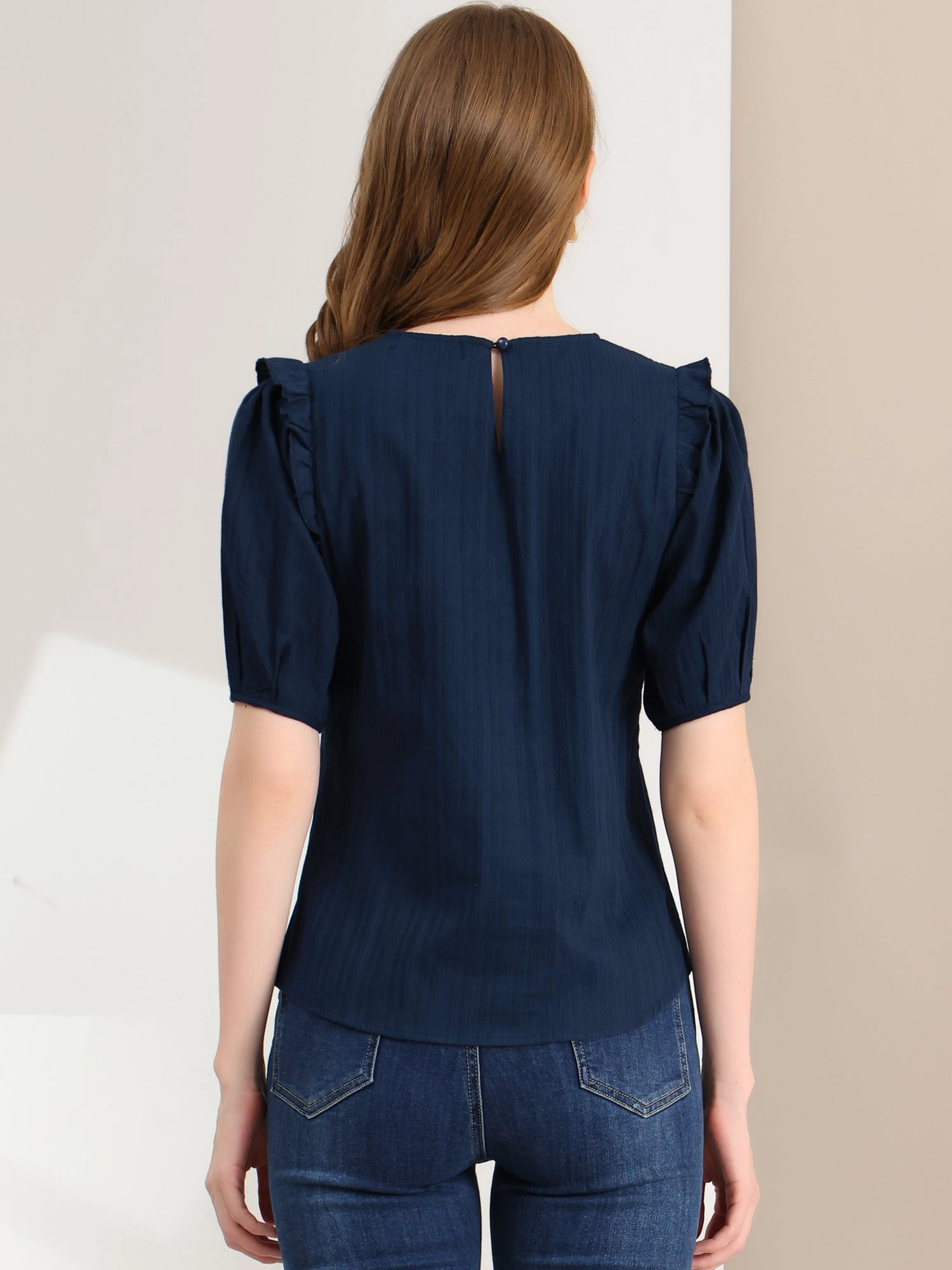 Cotton Summer Ruffle Frilled Round Neck Short Sleeve Blouse