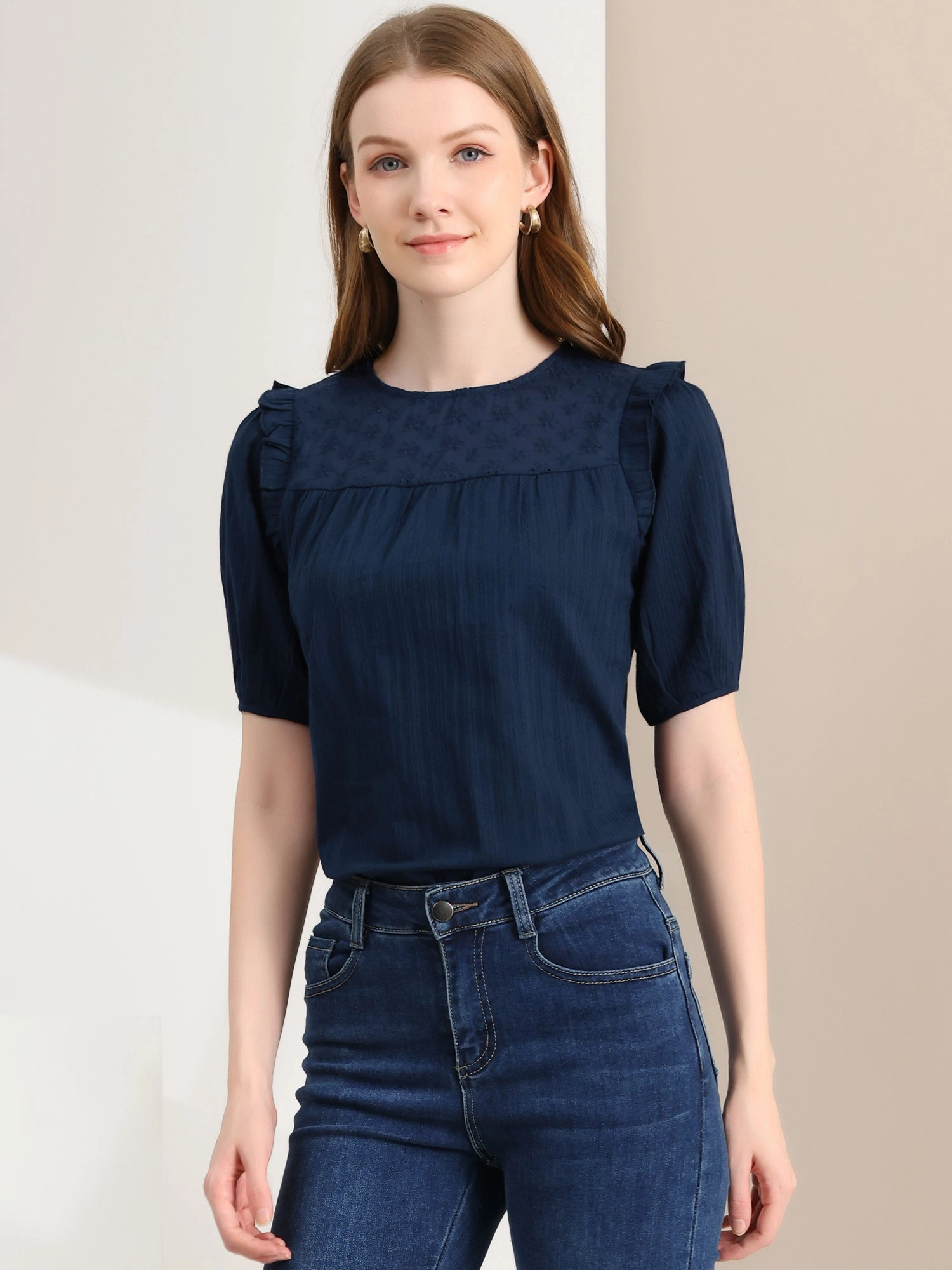 Cotton Summer Ruffle Frilled Round Neck Short Sleeve Blouse