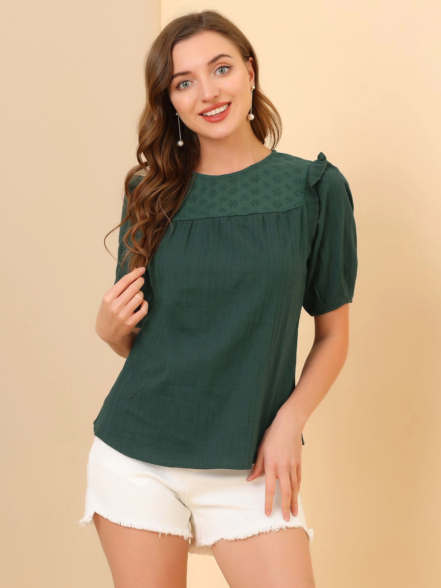 Cotton Summer Ruffle Frilled Round Neck Short Sleeve Blouse