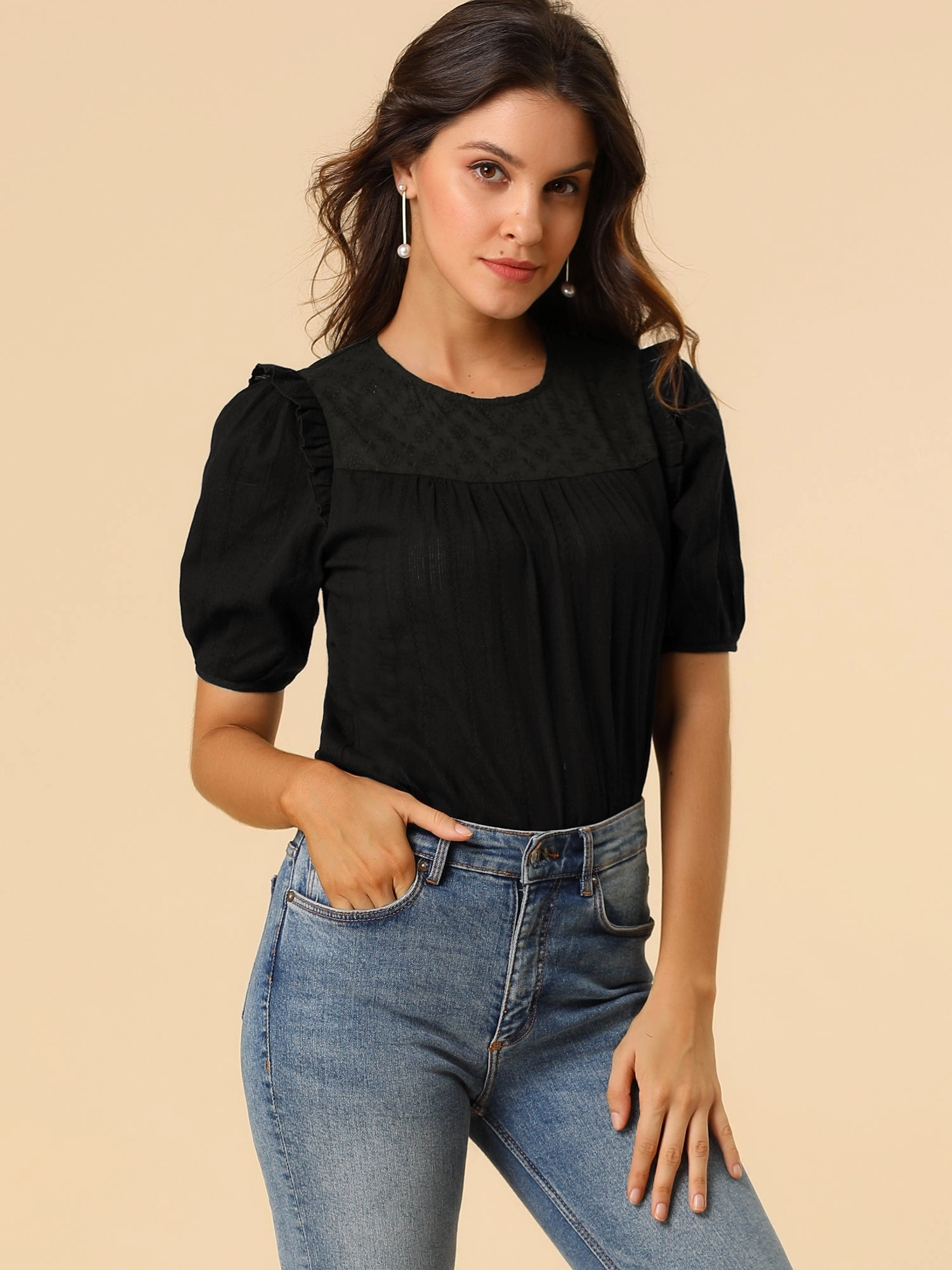 Cotton Summer Ruffle Frilled Round Neck Short Sleeve Blouse