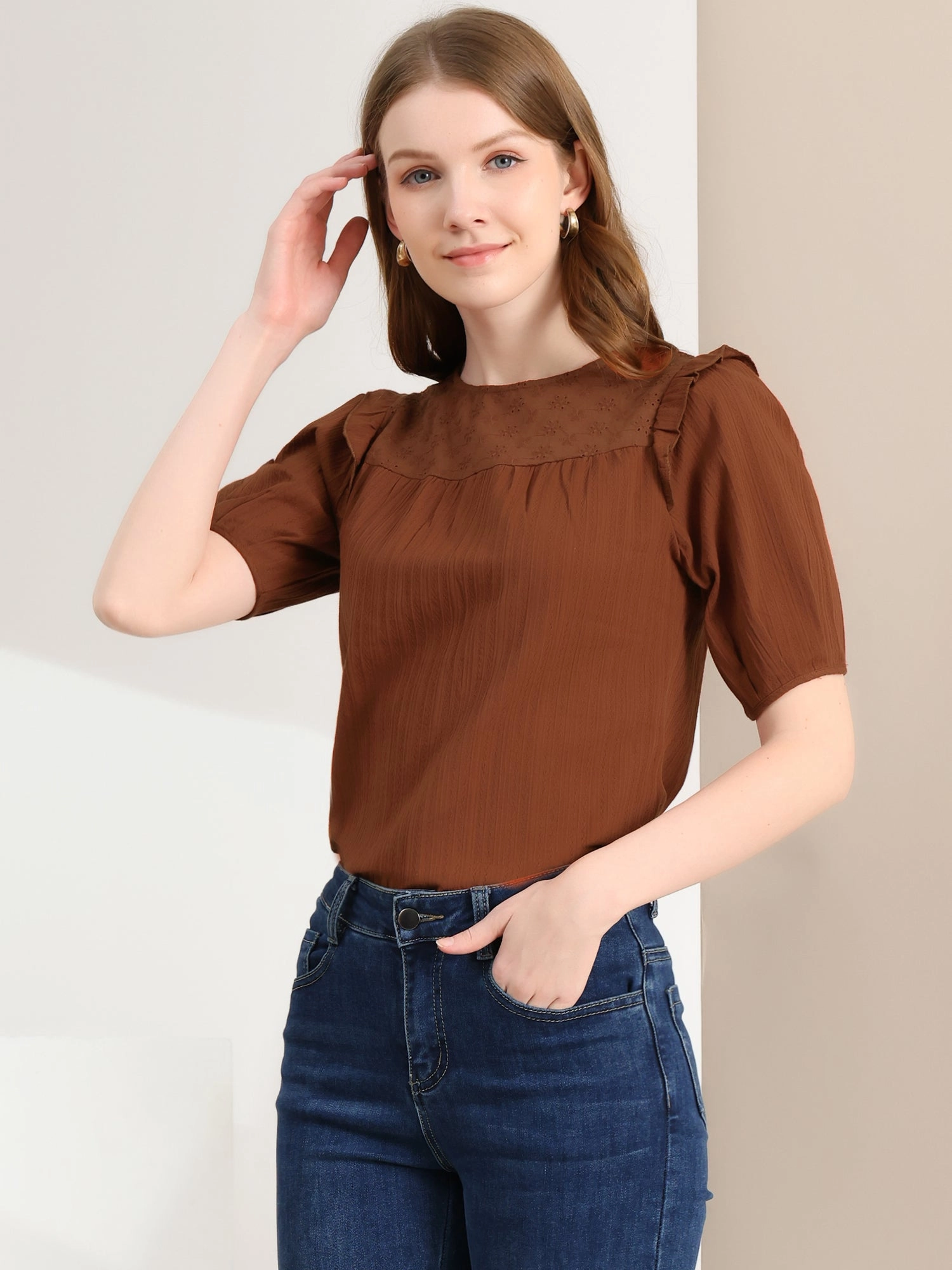 Cotton Summer Ruffle Frilled Round Neck Short Sleeve Blouse