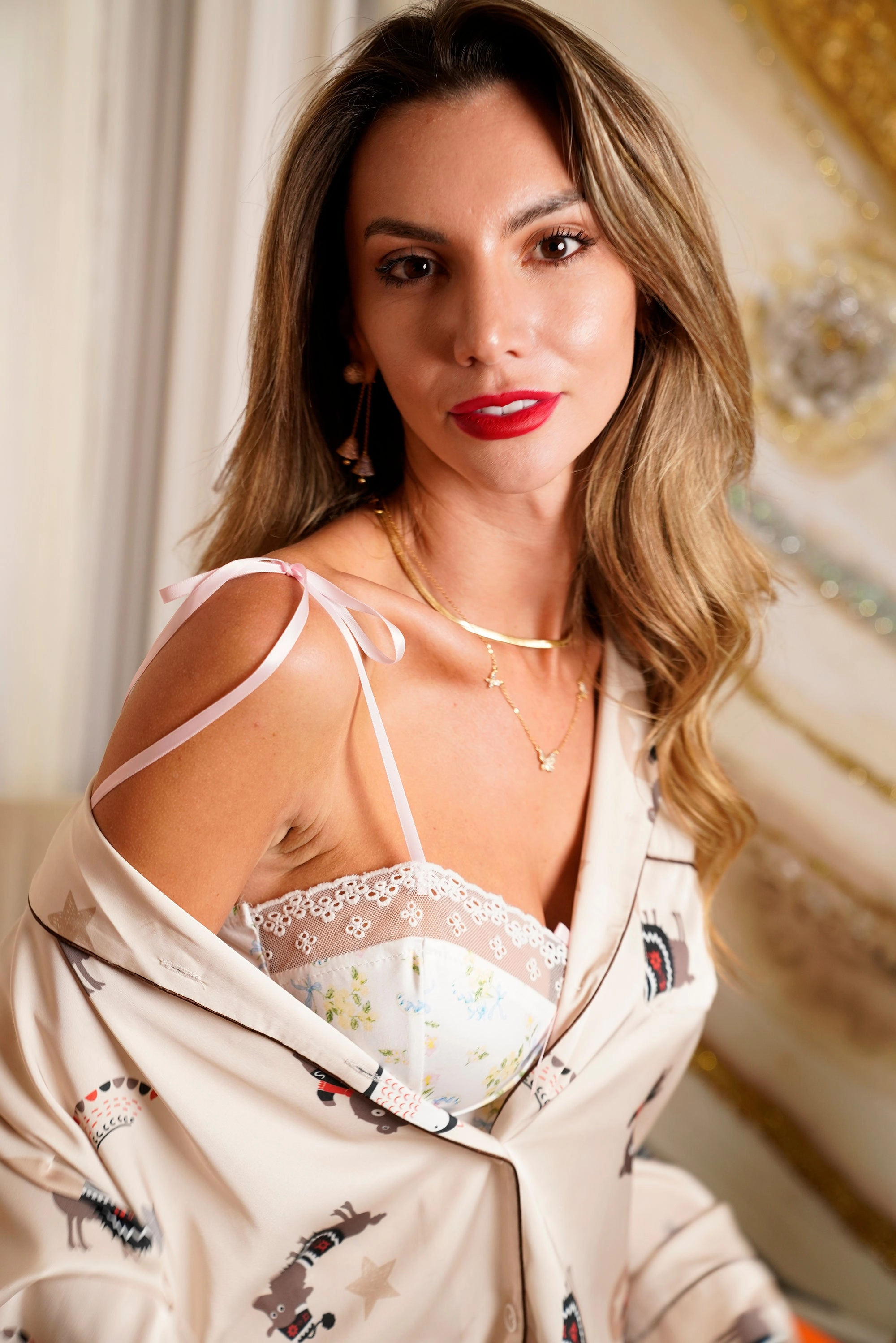 Cute Animal Print White Silky Satin Pajamas Set
