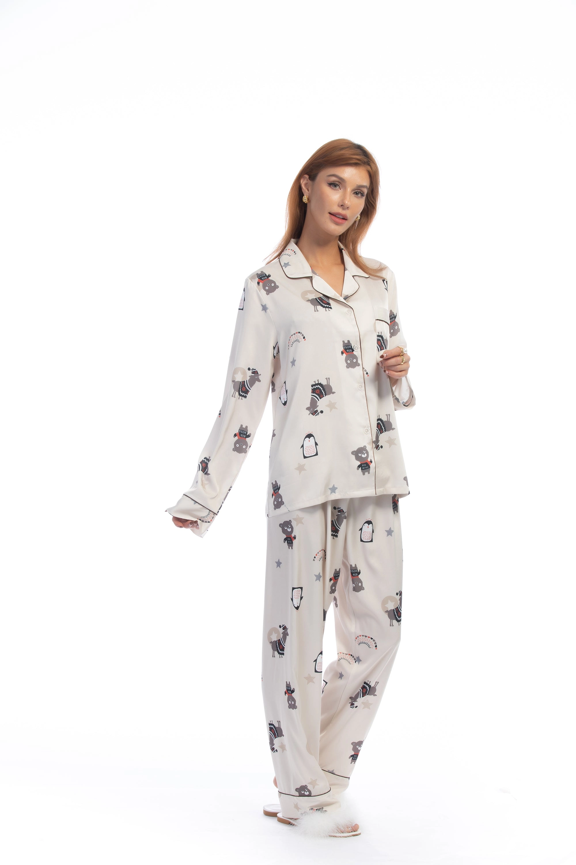 Cute Animal Print White Silky Satin Pajamas Set