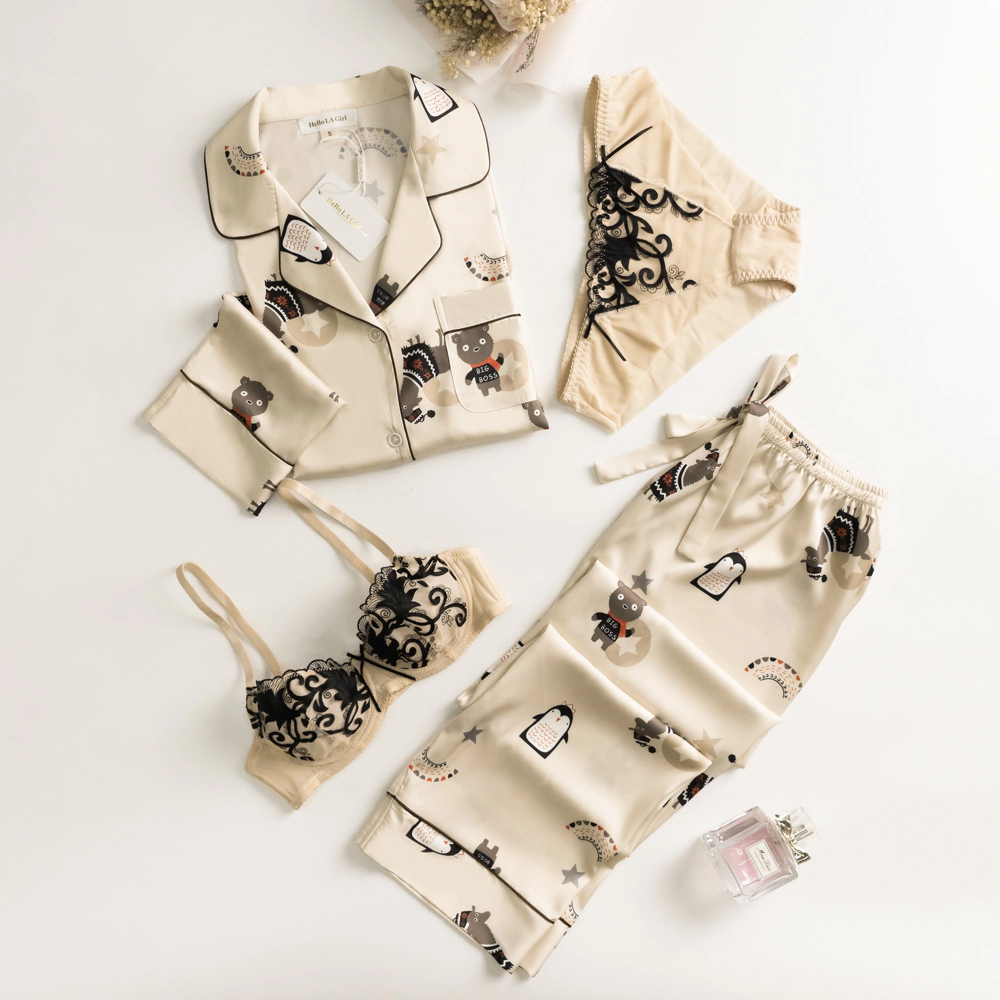 Cute Animal Print White Silky Satin Pajamas Set