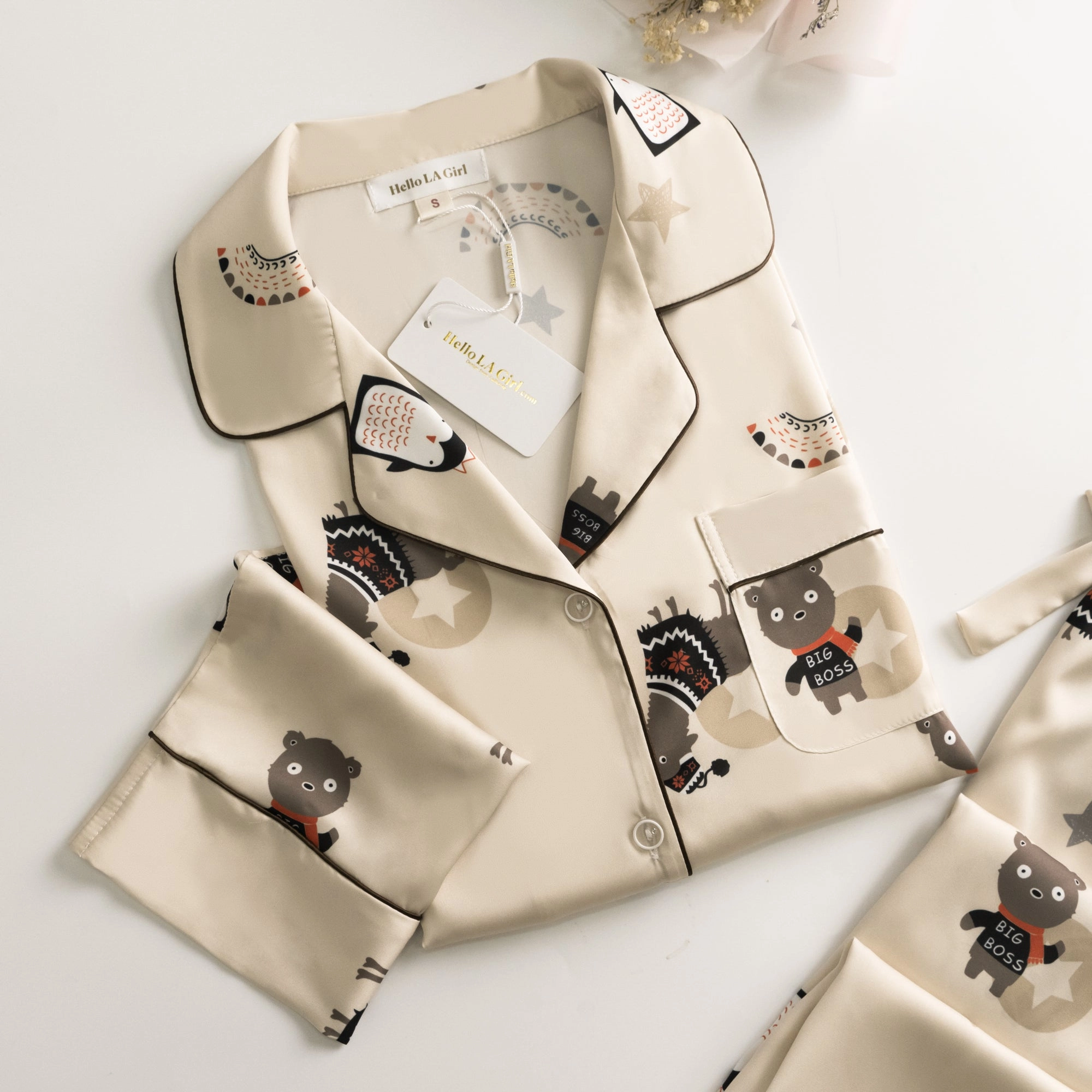 Cute Animal Print White Silky Satin Pajamas Set