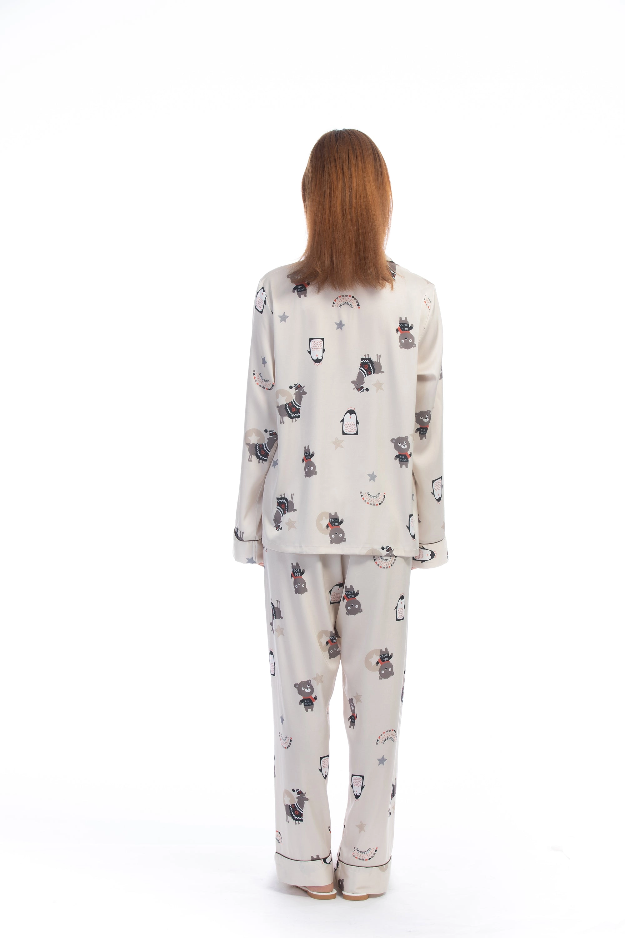 Cute Animal Print White Silky Satin Pajamas Set