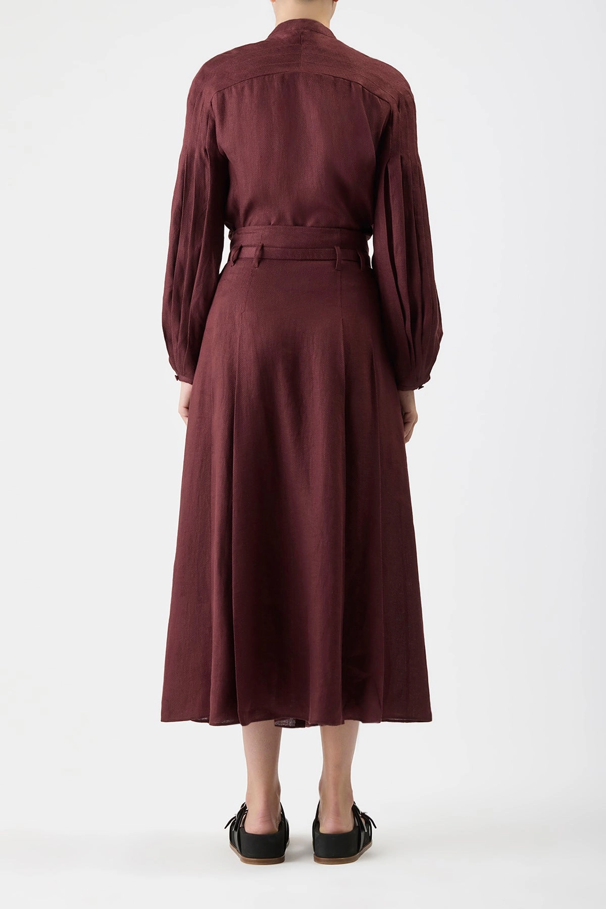 Dugald Pleated Midi Skirt in Deep Bordeaux Linen