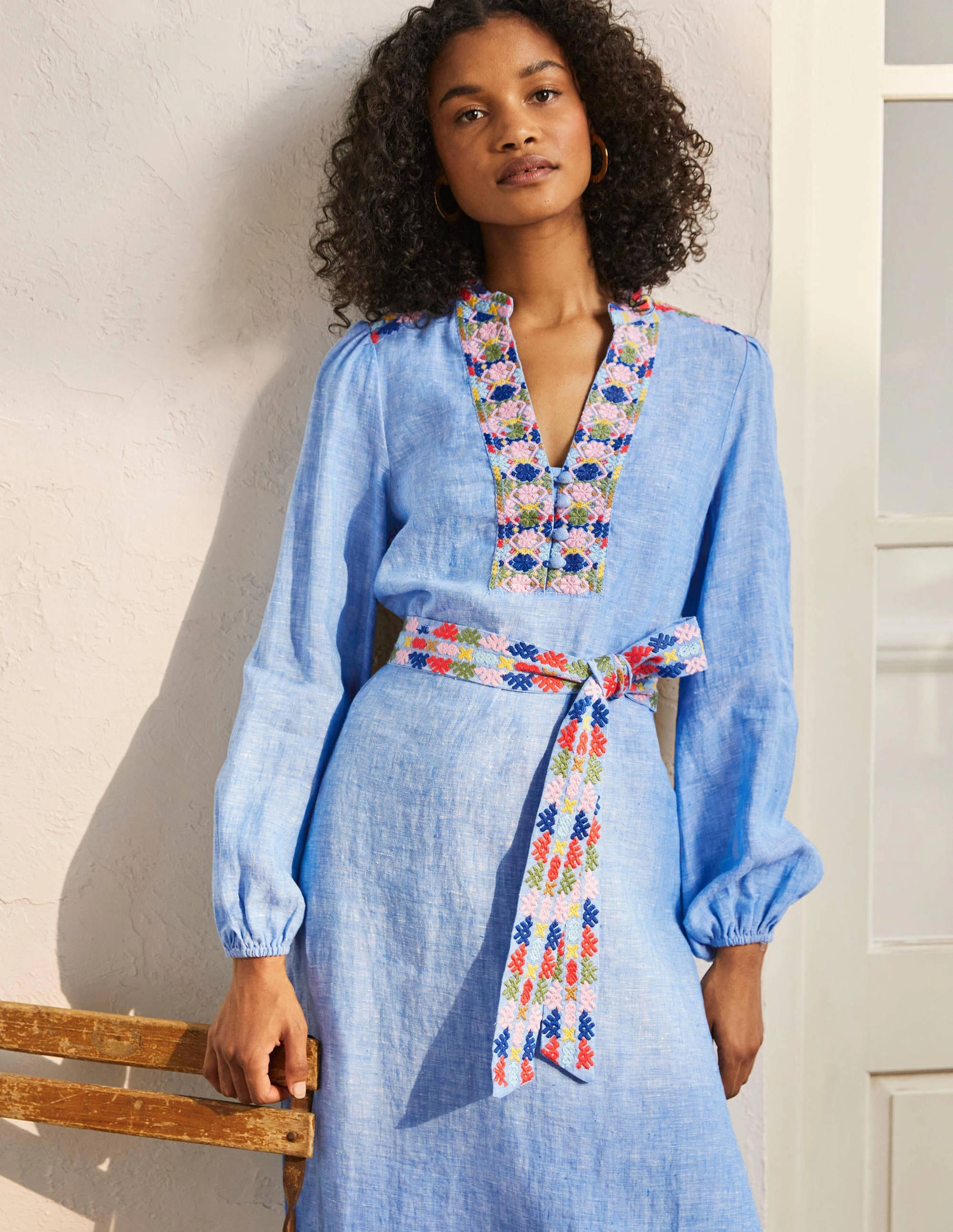 Embroidered Midi Kaftan-Chambray
