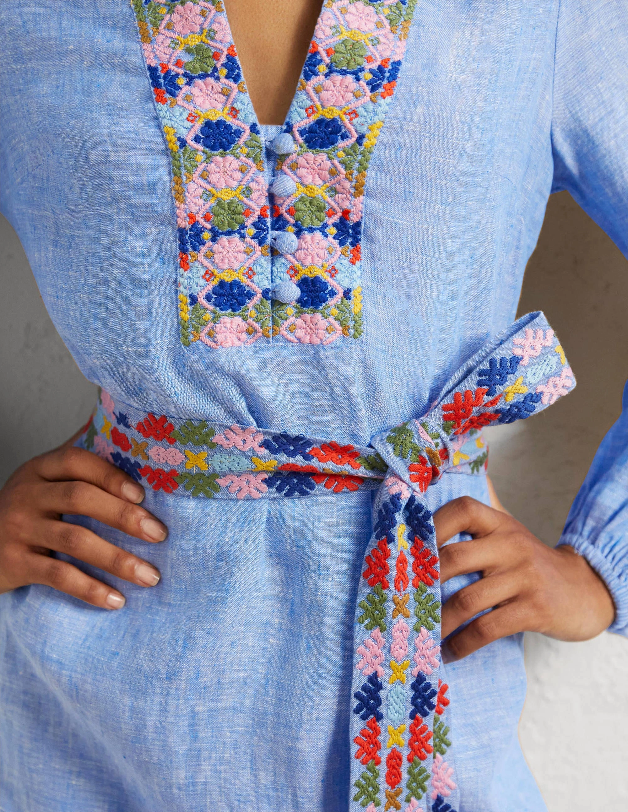 Embroidered Midi Kaftan-Chambray