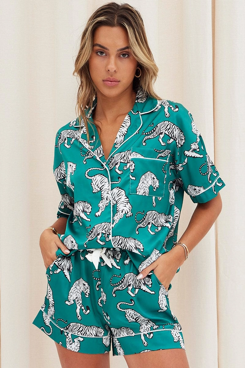 Green Animal Print Satin Pyjama Button Through Tiger Print Pj