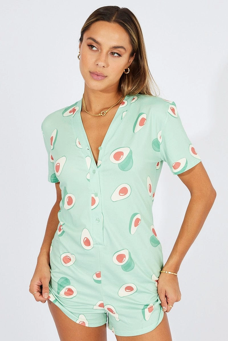 Green Print Avocado Romper Button Through Nightwear Onesie