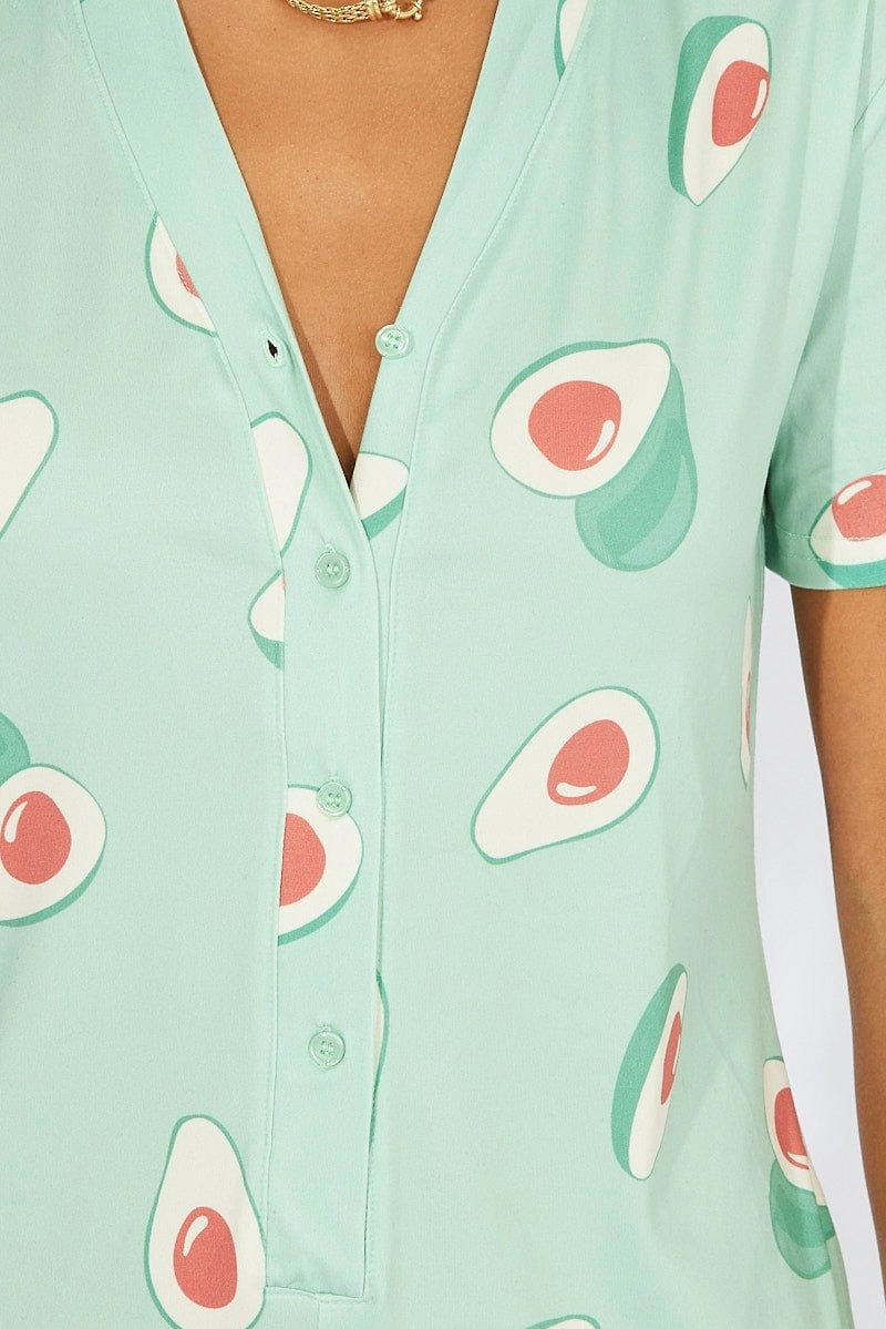 Green Print Avocado Romper Button Through Nightwear Onesie