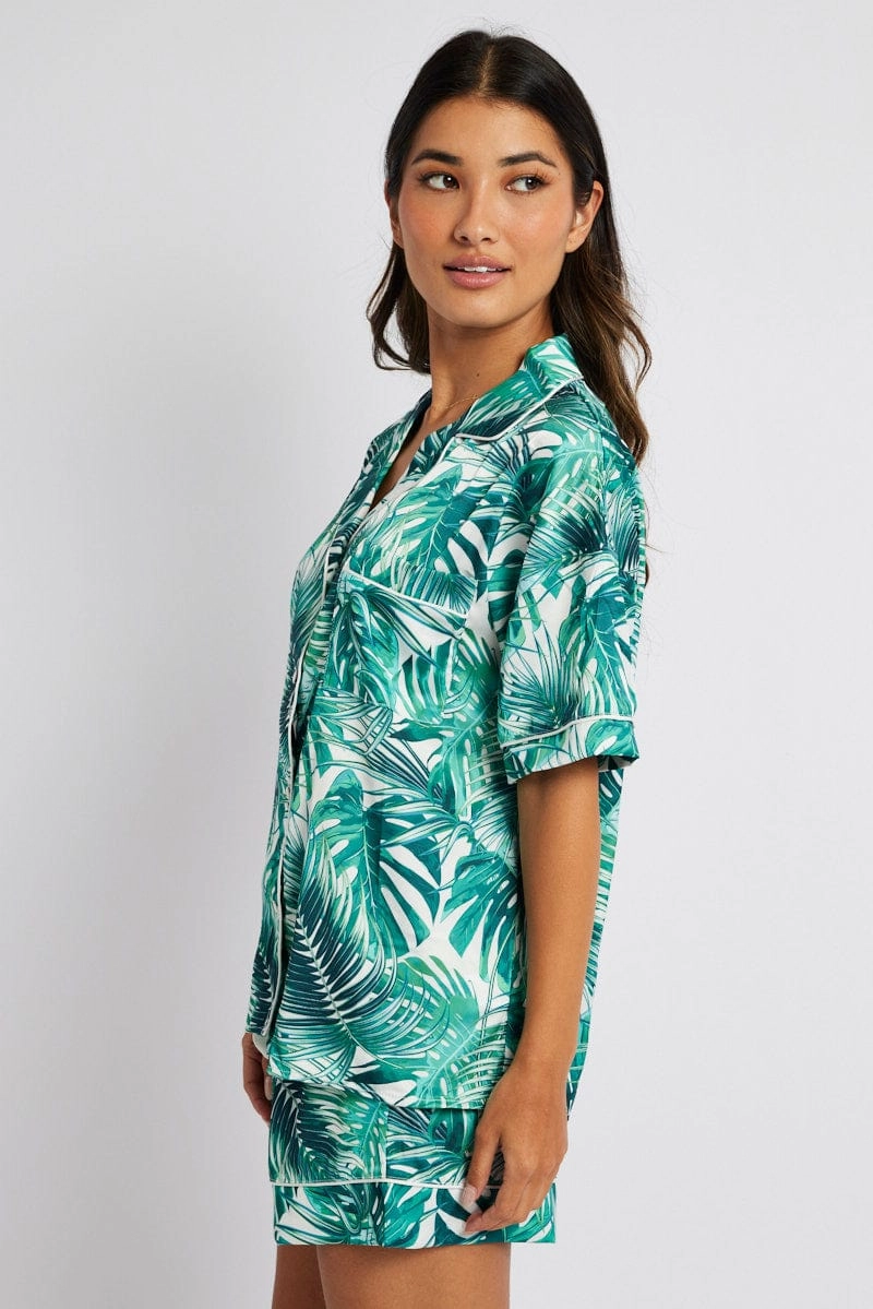Green Print Palm Print Pj Contrast Piping Pyjama Set