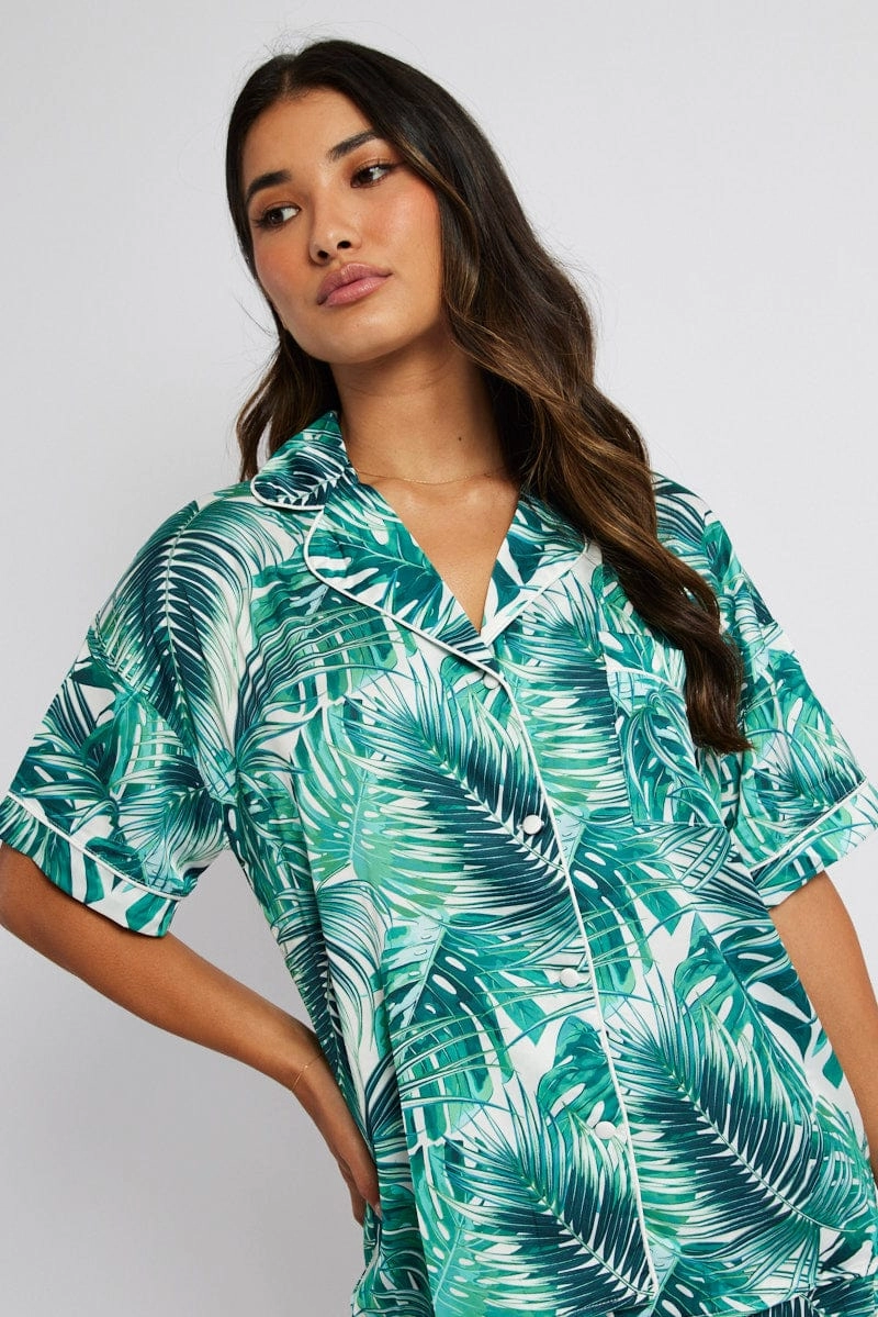 Green Print Palm Print Pj Contrast Piping Pyjama Set