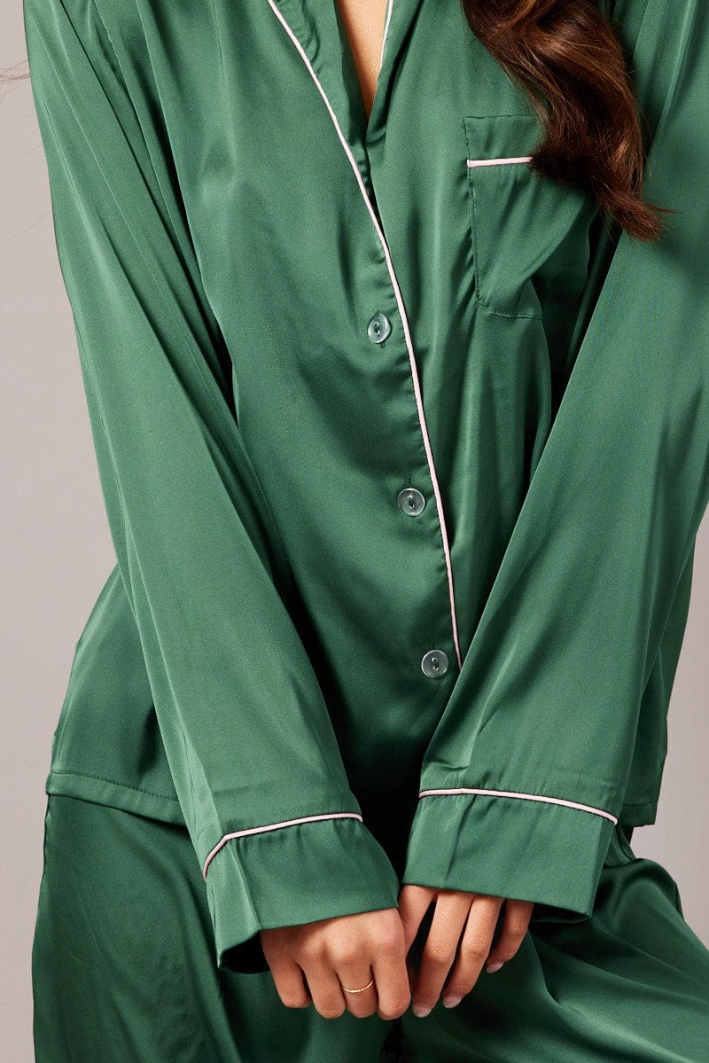 Green Satin Pyjama Contrast Piping Long Leg Pj Set