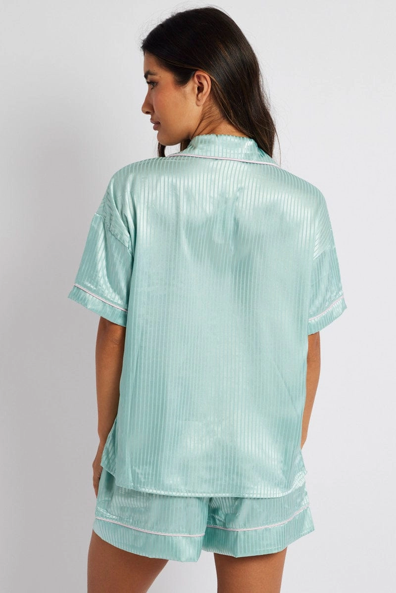 Green Stripe Satin Pj Jacquard Stripe Piping Pyjama Set