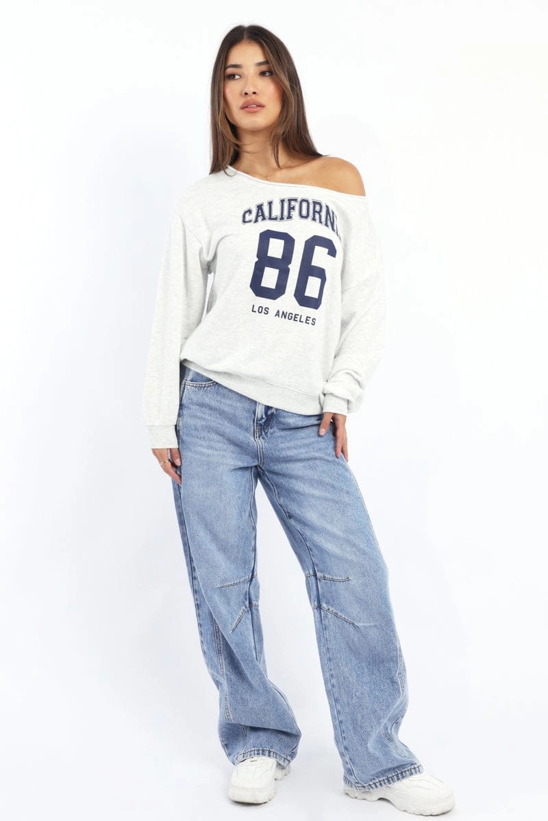 Grey Off Shoulder Sweater Long Sleeve
