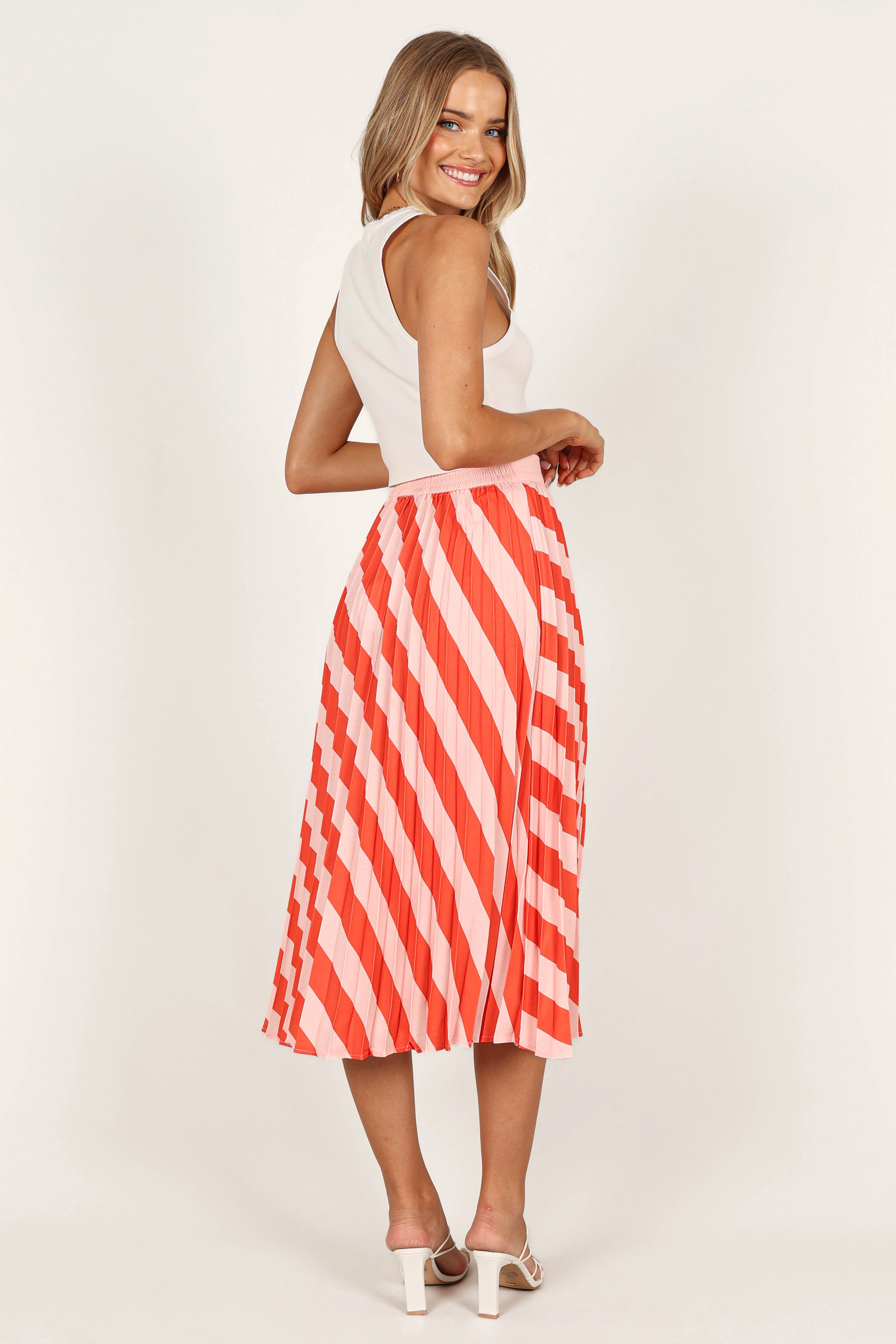 Kimberly Pleat Midi Skirt - Pink Stripe