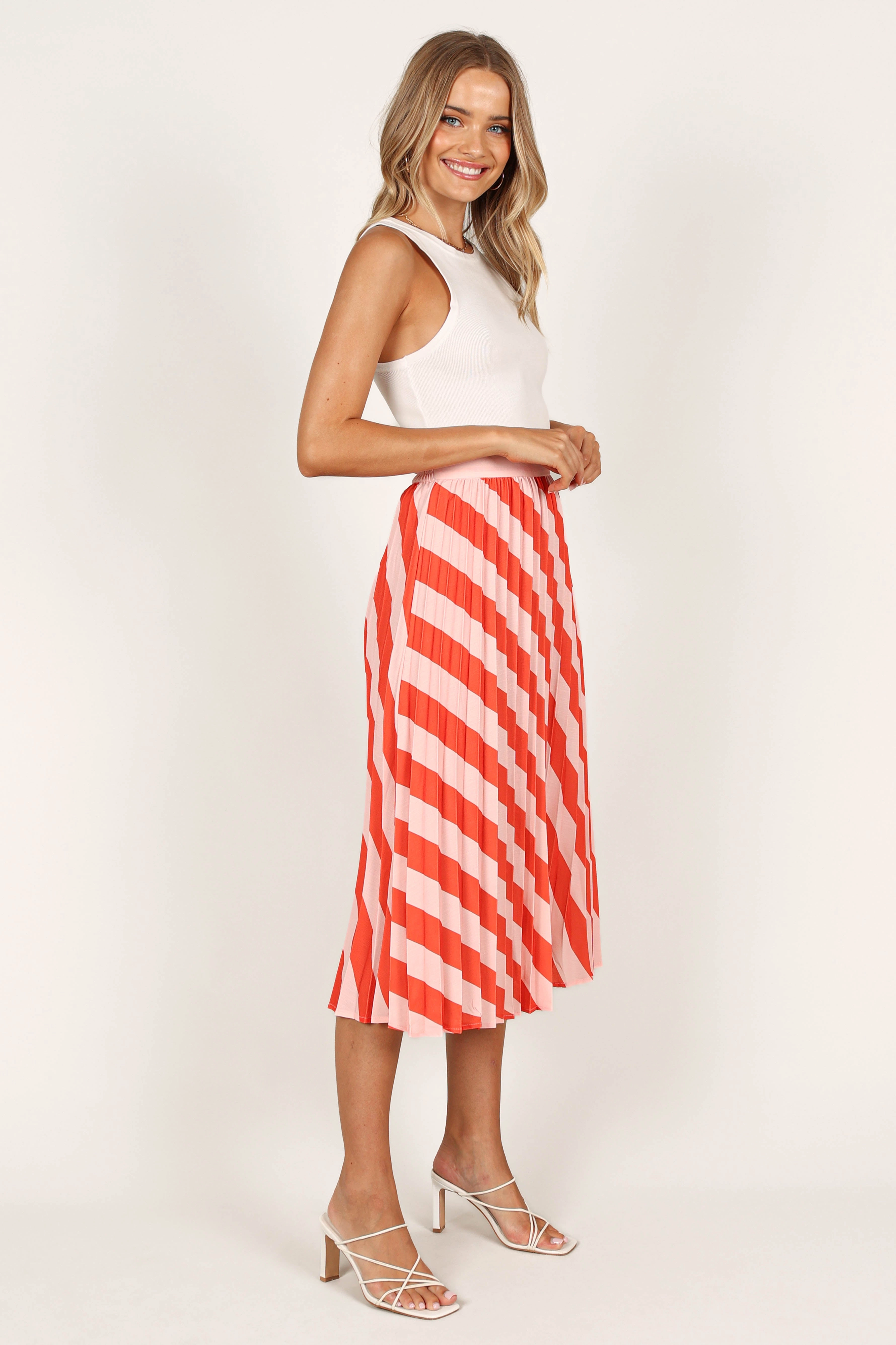 Kimberly Pleat Midi Skirt - Pink Stripe
