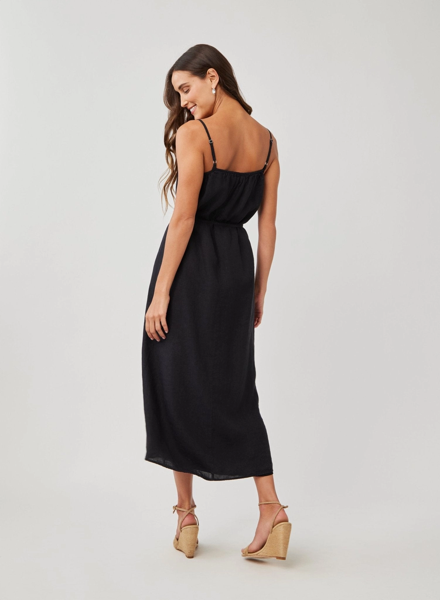 Linen Shirred Maxi Dress - Black