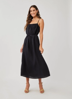Linen Shirred Maxi Dress - Black