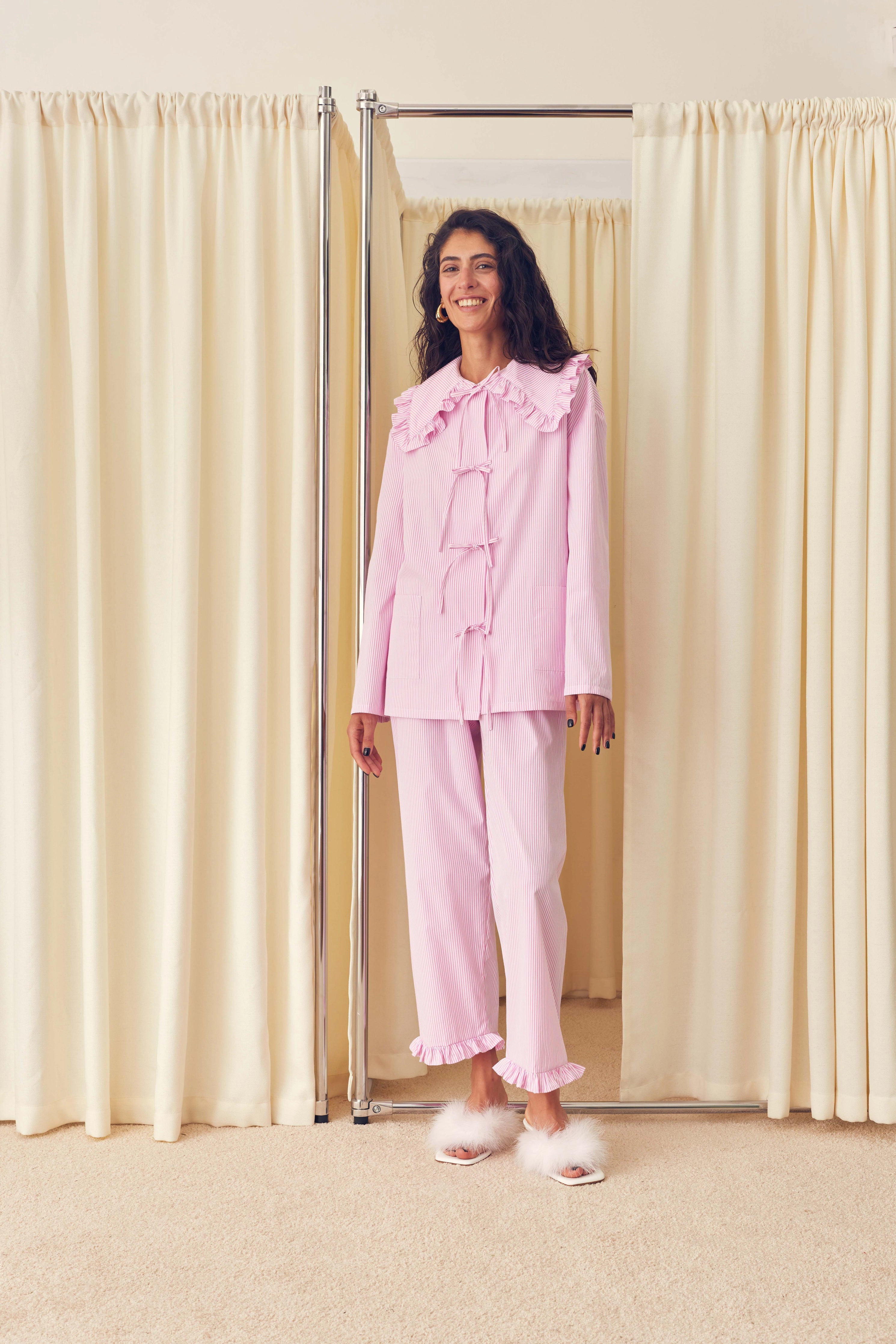 Lybid Cotton Pajama Set with Ruffled Collar in Pink Stripes