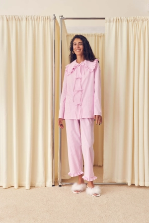 Lybid Cotton Pajama Set with Ruffled Collar in Pink Stripes