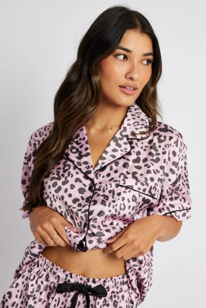 Pink Animal Print Pyjama Set Satin Short Sleeve Black Piping PJ