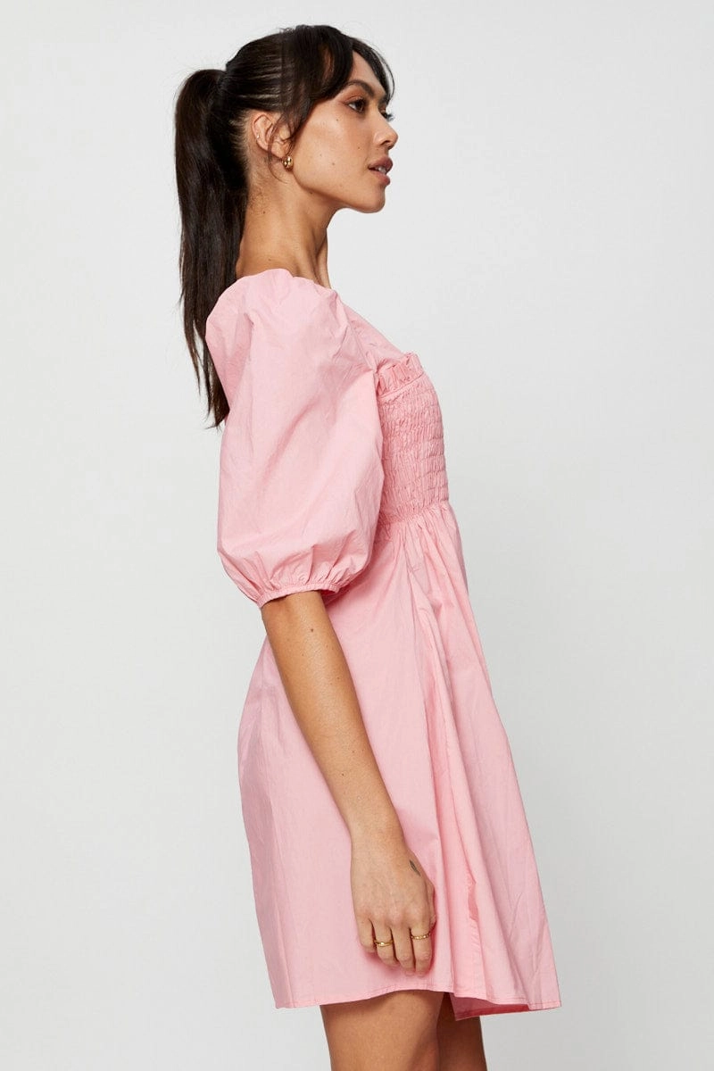 Pink Mini Dress Short Sleeve Evening