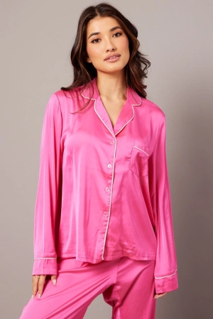 Pink Satin Pyjama Contrast Piping Long Leg Pj Set