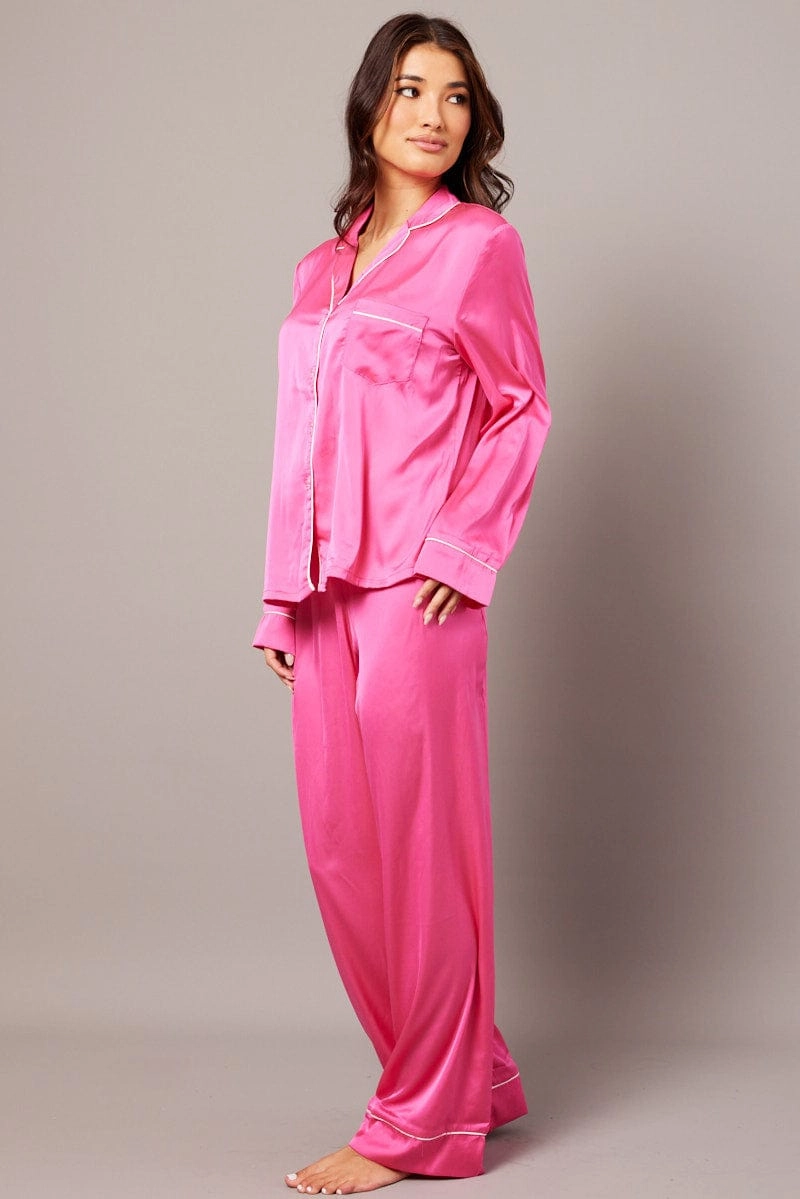 Pink Satin Pyjama Contrast Piping Long Leg Pj Set