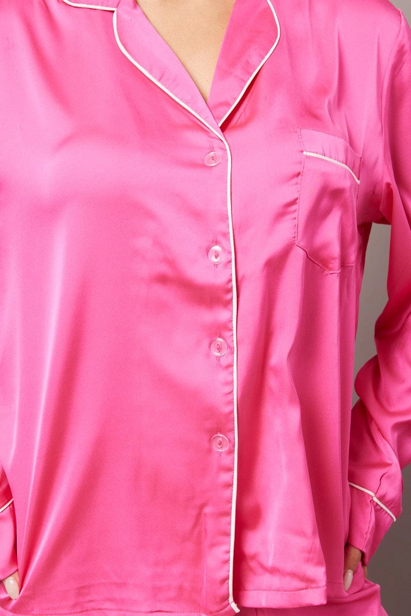 Pink Satin Pyjama Contrast Piping Long Leg Pj Set