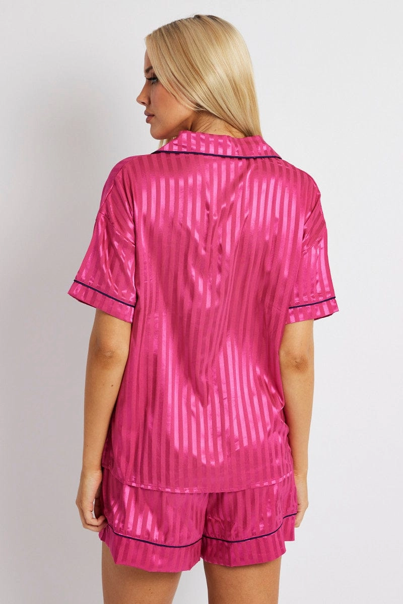 Pink Stripe Pyjama Set Stripe Satin Jacquard Navy Piping PJ