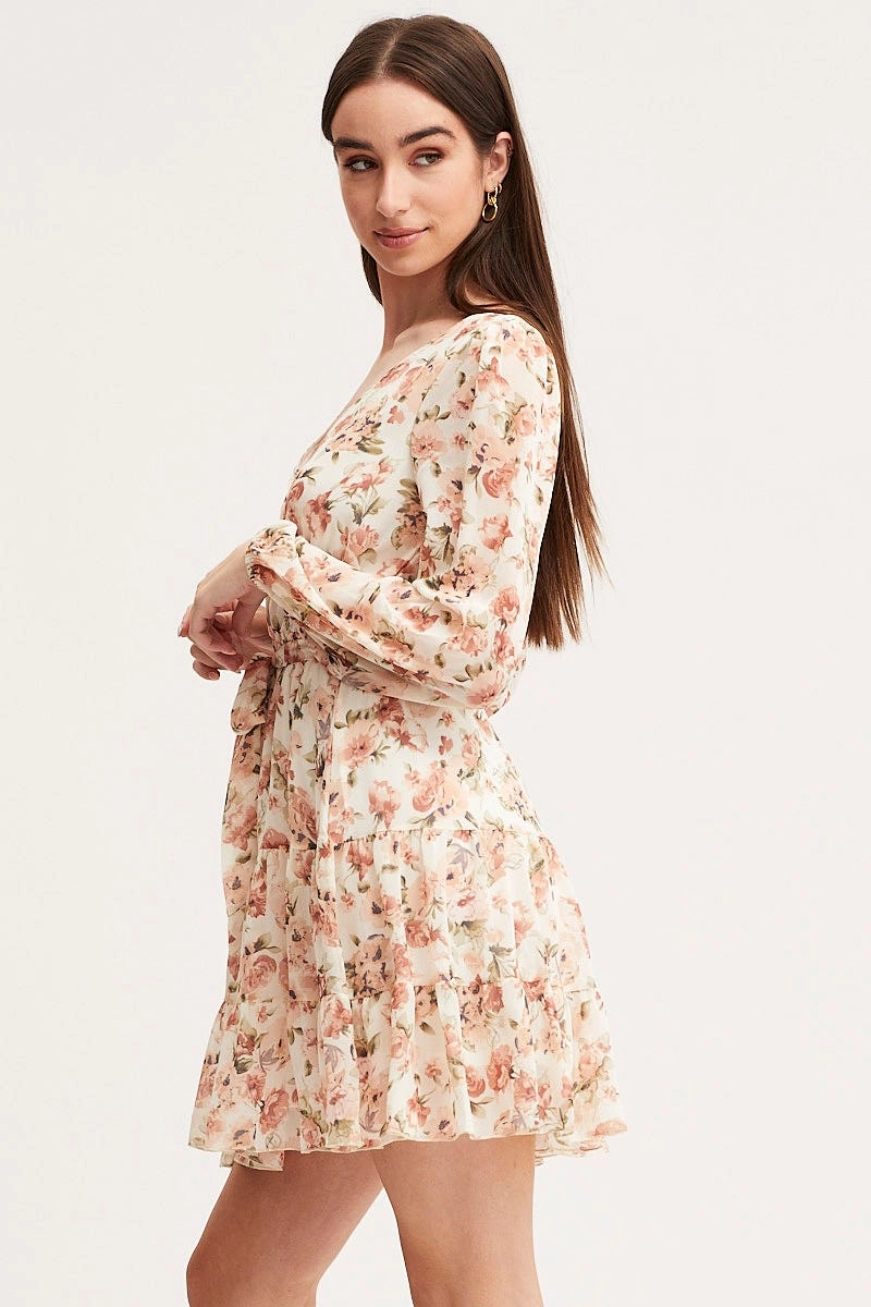 Print Mini Dress Long Sleeve V Neck