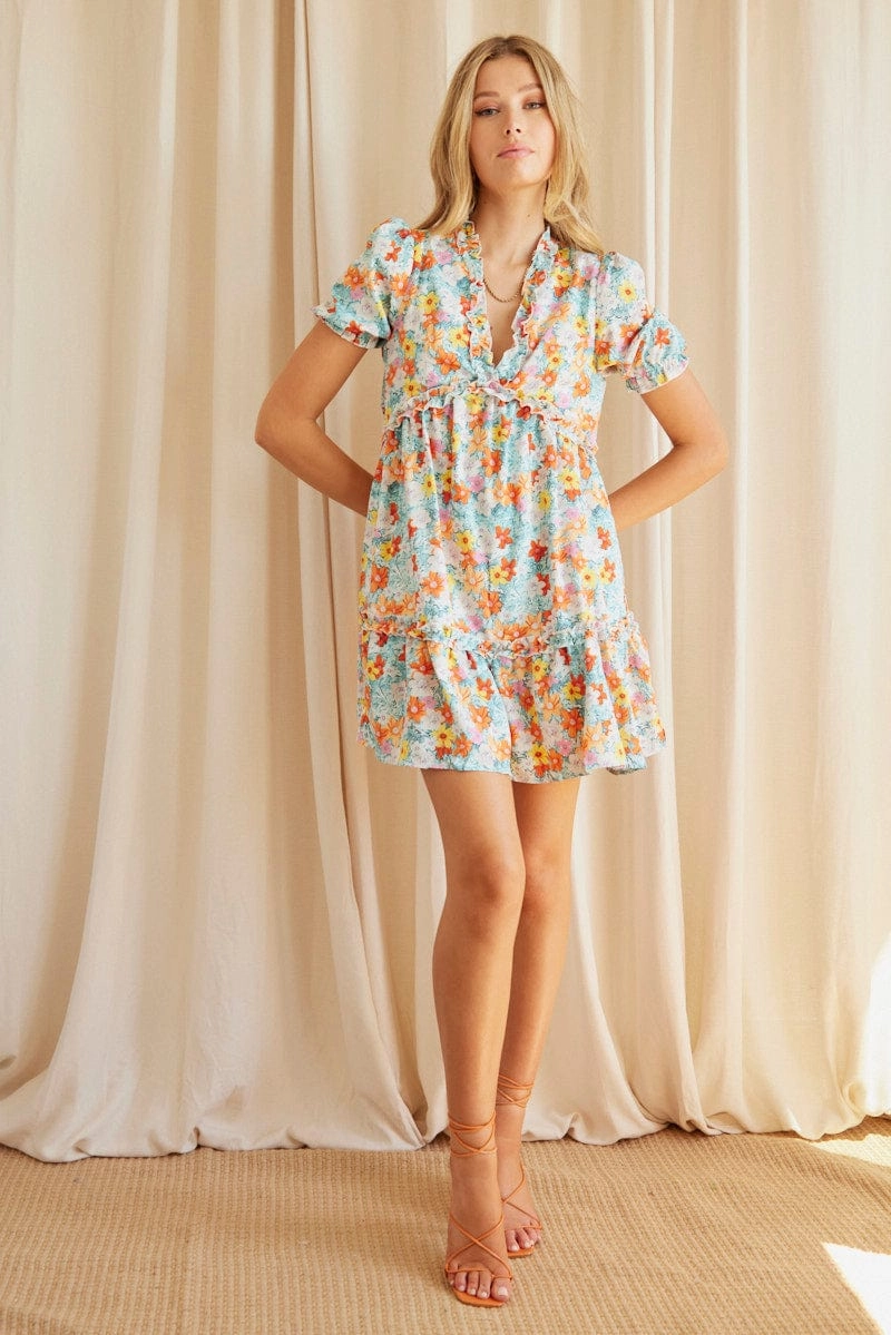 Print Mini Dress Short Sleeve V Neck