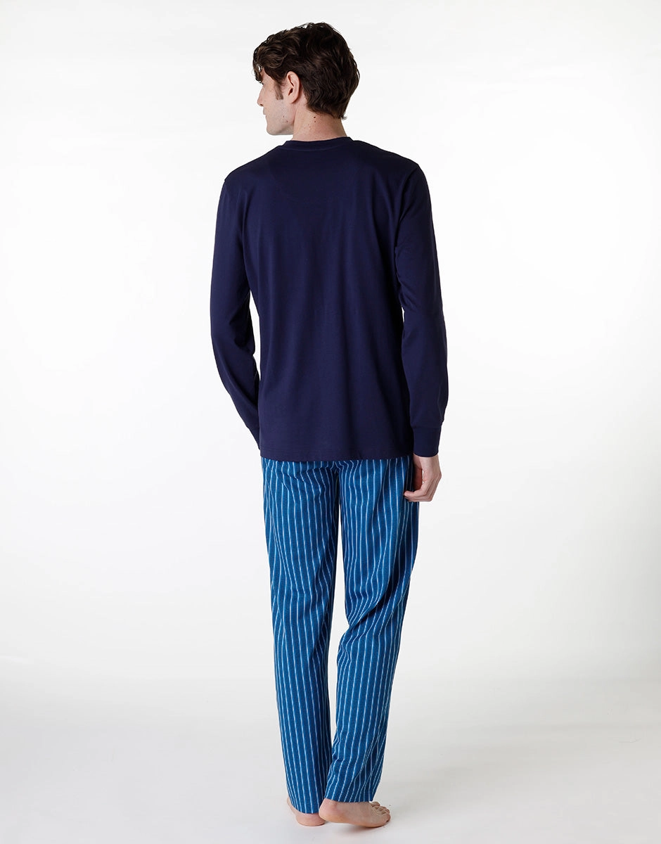 Pyjama long à col en V en jersey bleu marine pour homme