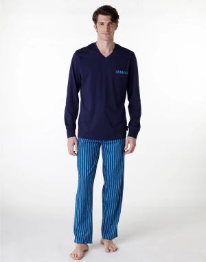 Pyjama long à col en V en jersey bleu marine pour homme
