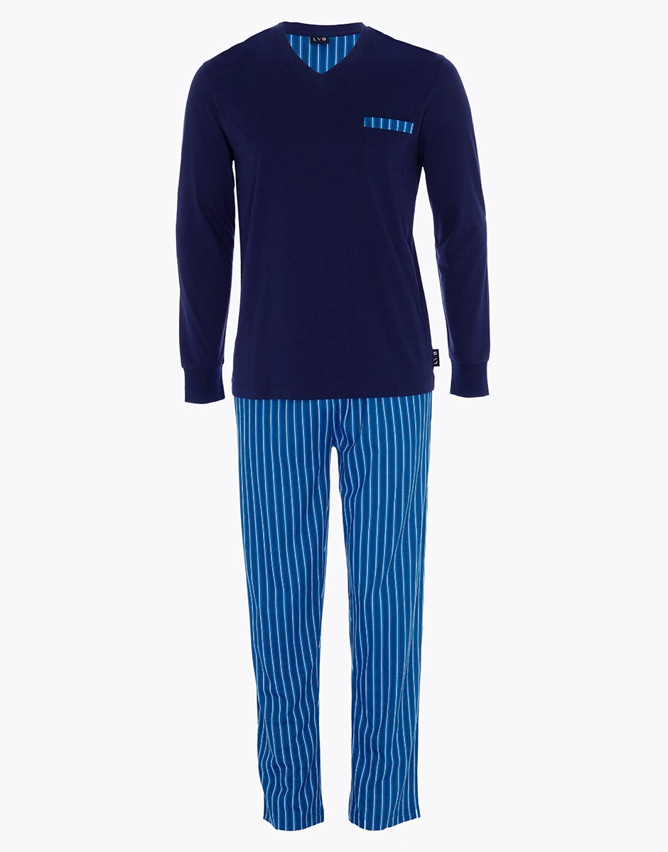 Pyjama long à col en V en jersey bleu marine pour homme