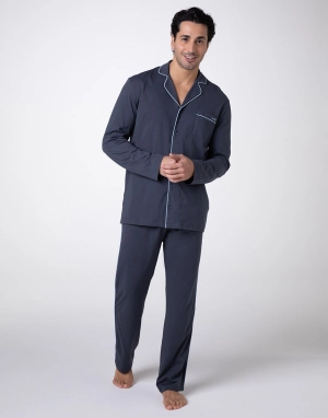 Pyjama long ouvert en jersey de coton ardoise pour unisexe