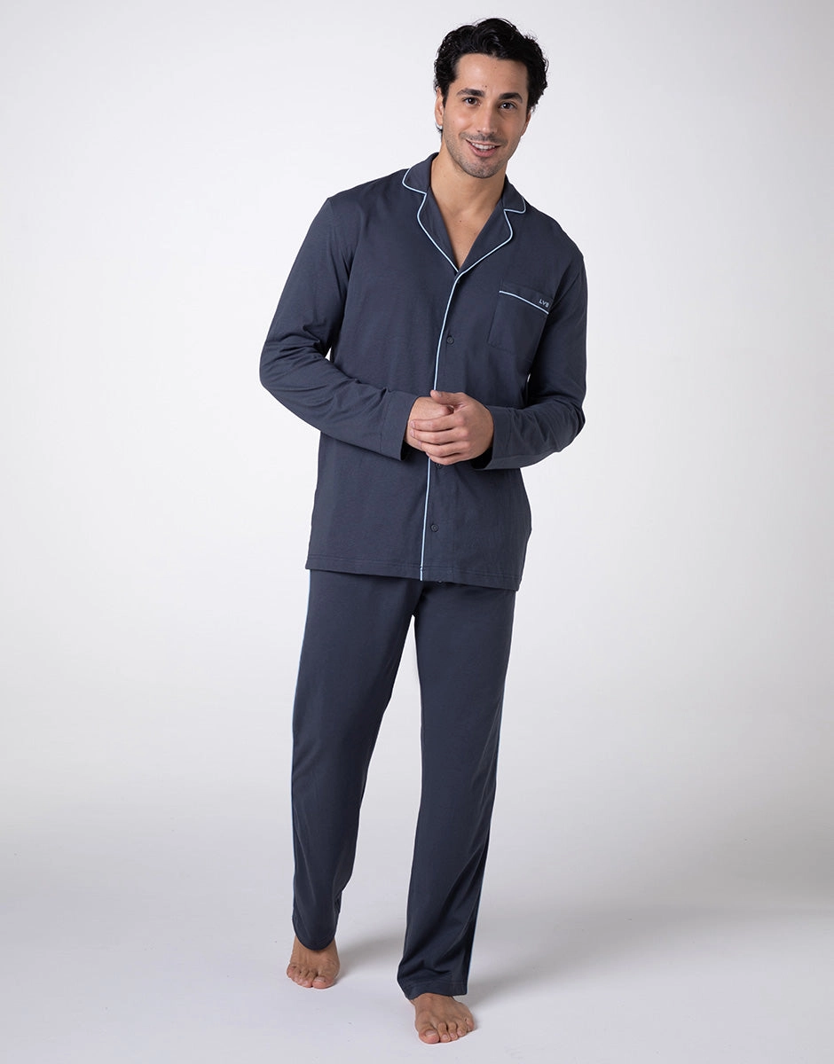 Pyjama long ouvert en jersey de coton ardoise pour unisexe