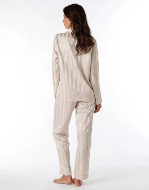 Pyjama long ouvert en satin amande pour femme