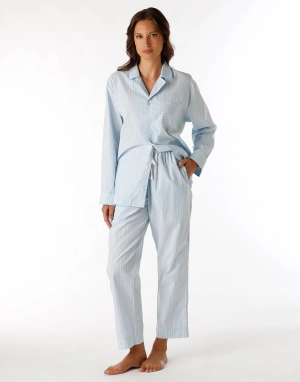 Pyjama long ouvert unisexe en toile de coton bleu à rayures