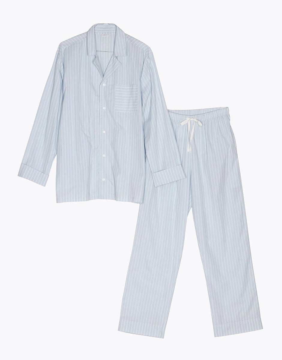 Pyjama long ouvert unisexe en toile de coton bleu à rayures
