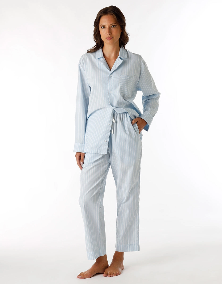 Pyjama long ouvert unisexe en toile de coton bleu à rayures