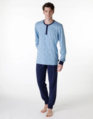 Pyjama long serafino en jersey bleu chiné pour homme