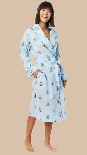Queen Bee Shawl Collar Flannel Robe - Blue