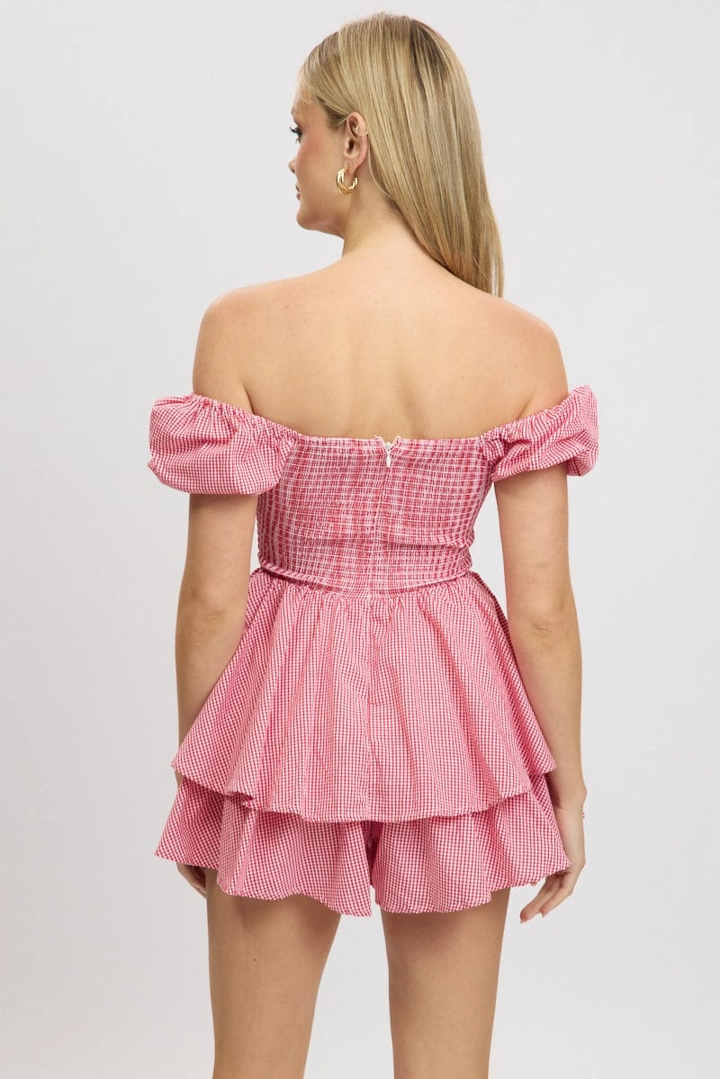 Red Check Ruffle Playsuit Short Sleeve