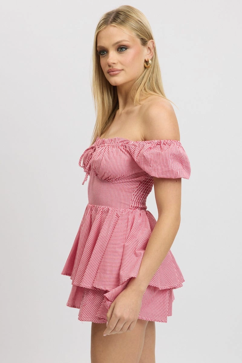Red Check Ruffle Playsuit Short Sleeve