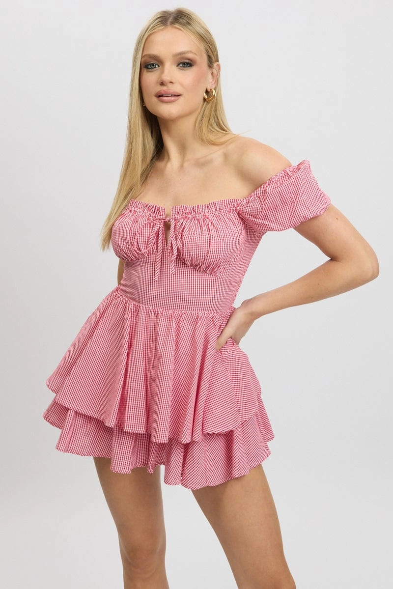 Red Check Ruffle Playsuit Short Sleeve
